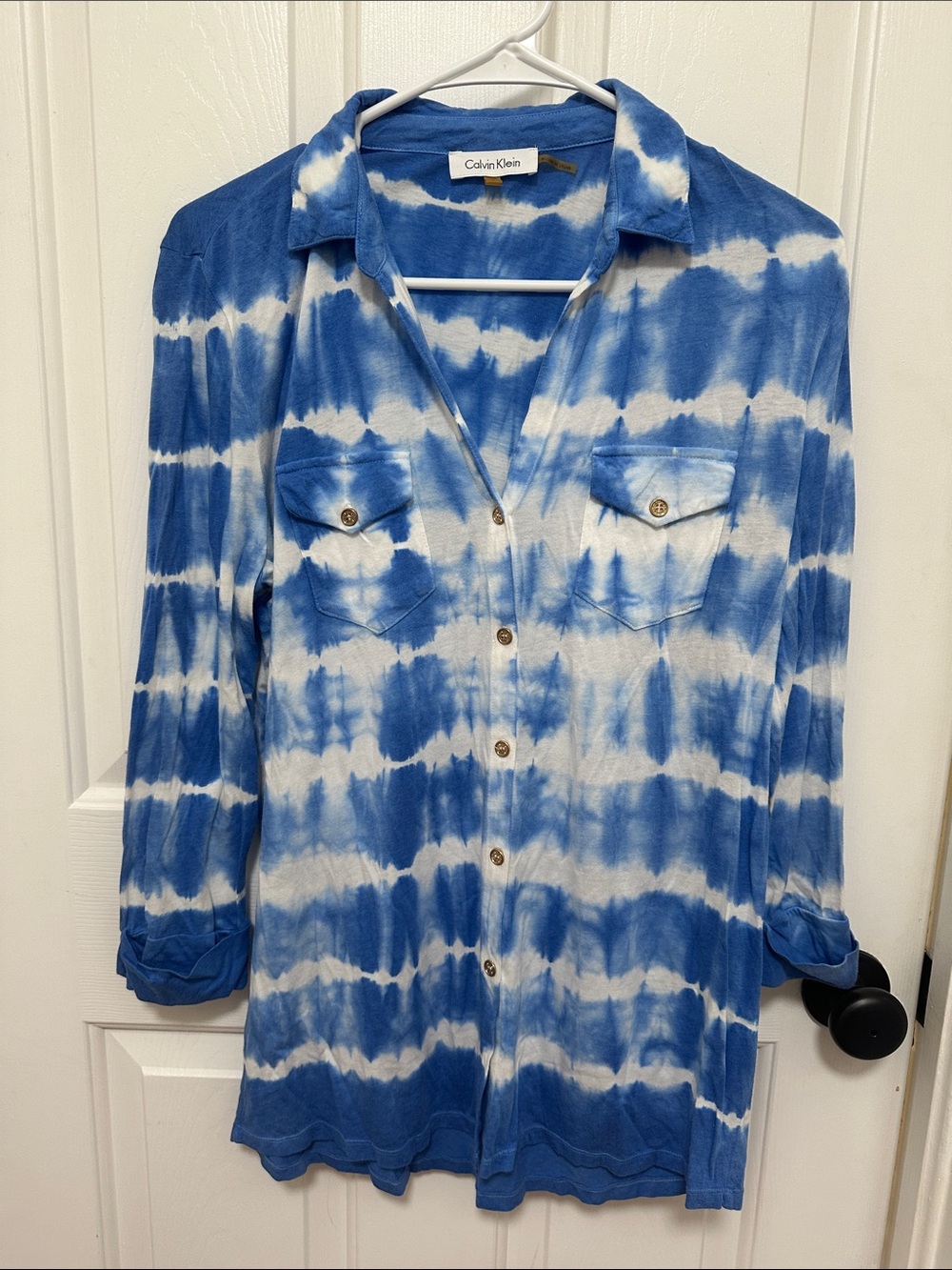 0214 Calvin Klein Blue & White Tie-Dye Button Front Shirt small